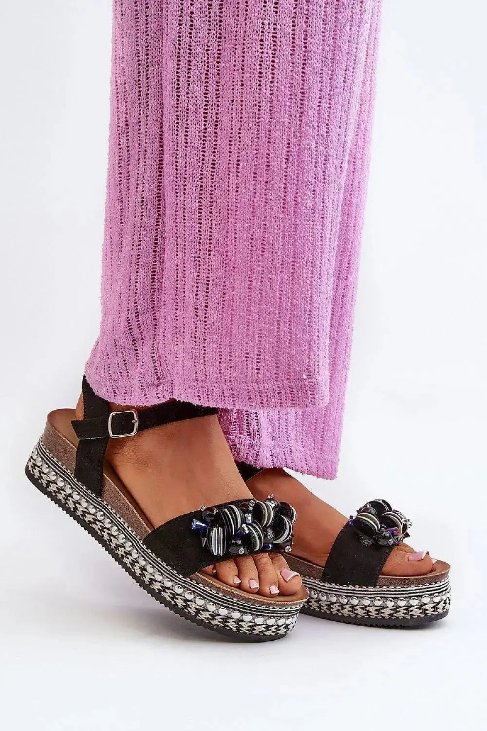 Women’s Eco-Suede Sandals – Decorated Platform with Adjustable Buckle Strap