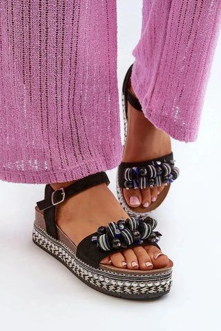 Women’s Eco-Suede Sandals – Decorated Platform with Adjustable Buckle Strap