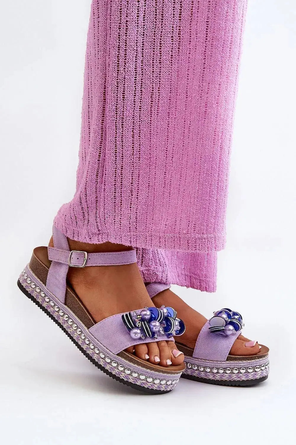 Women’s Eco-Suede Sandals – Decorated Platform with Adjustable Buckle Strap
