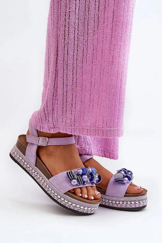 Women’s Eco-Suede Sandals – Decorated Platform with Adjustable Buckle Strap