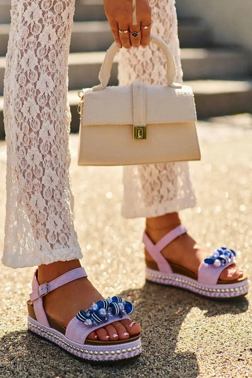 Women’s Eco-Suede Sandals – Decorated Platform with Adjustable Buckle Strap