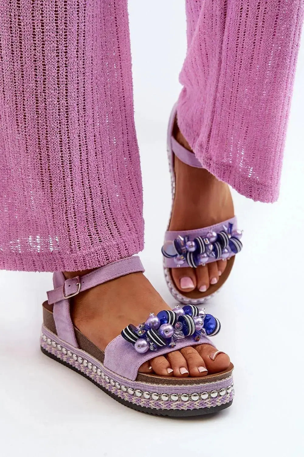 Women’s Eco-Suede Sandals – Decorated Platform with Adjustable Buckle Strap