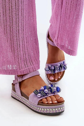 Women’s Eco-Suede Sandals – Decorated Platform with Adjustable Buckle Strap