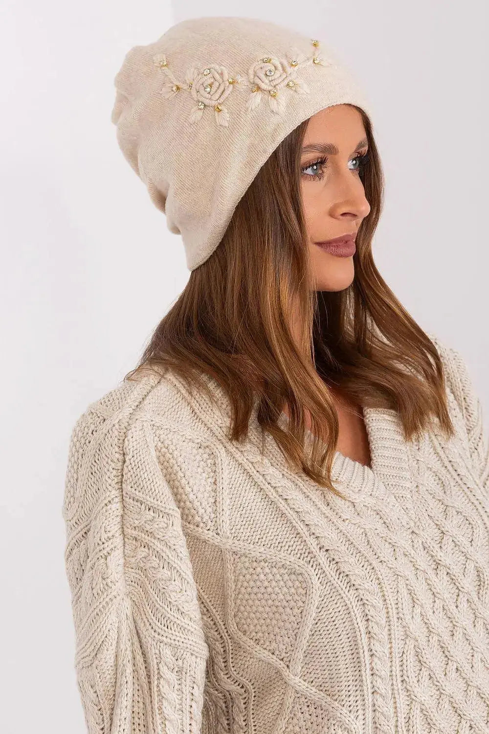 Women's Warm Winter Hat – Smooth Knit with Side Appliqué