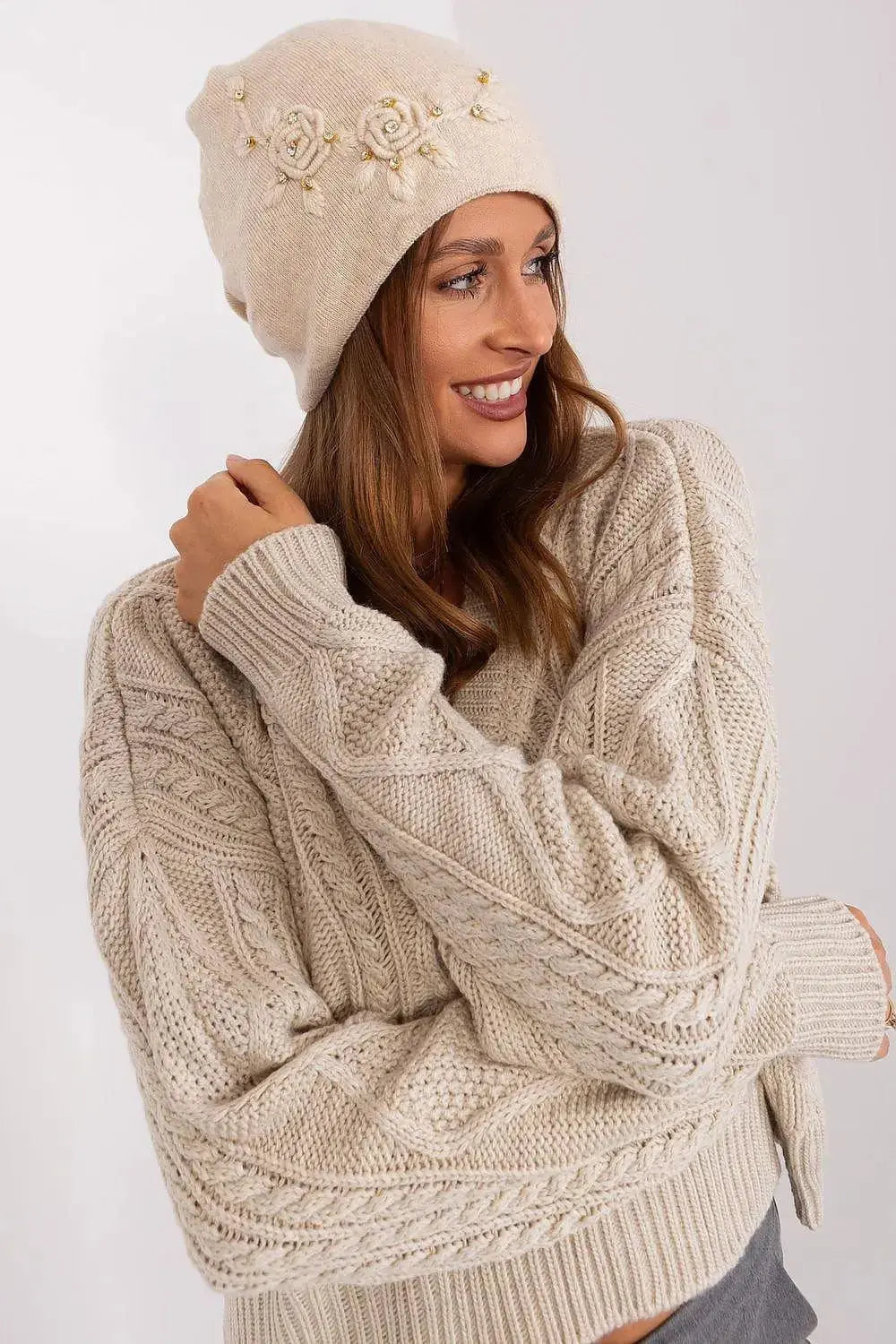 Women's Warm Winter Hat – Smooth Knit with Side Appliqué