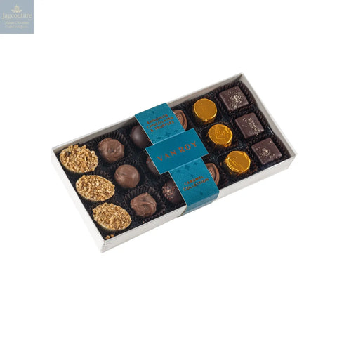Caramel selection in 18 choc grey base with cello lid - Jag Couture Chocolates