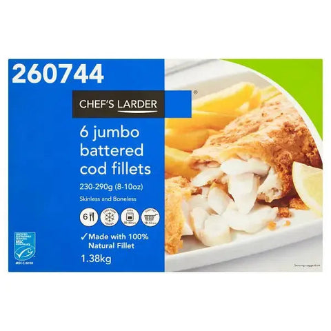 Chef's Larder 6 Jumbo Battered Cod Fillets 1.38kg