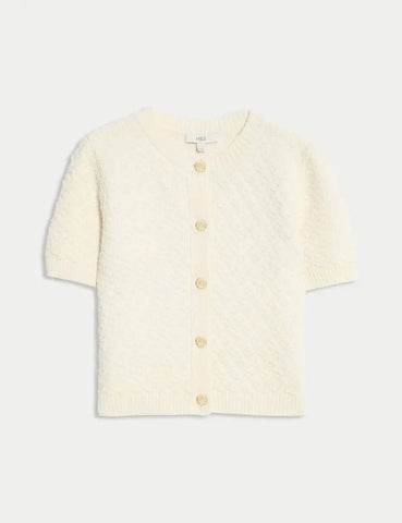 Cotton Blend Textured Button Front Cropped Cardigan