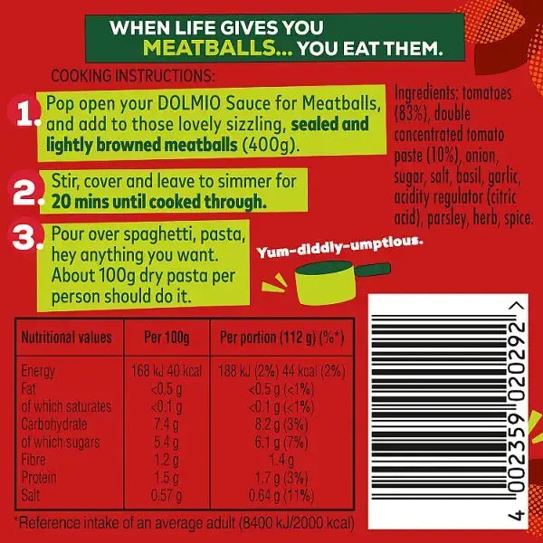 Dolmio Tomato & Basil Sauce for Meatballs 450g (Case of 6)