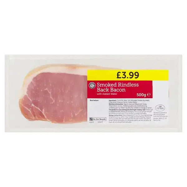 Euro Shopper Smoked Rindless Back Bacon with Added Water 500g