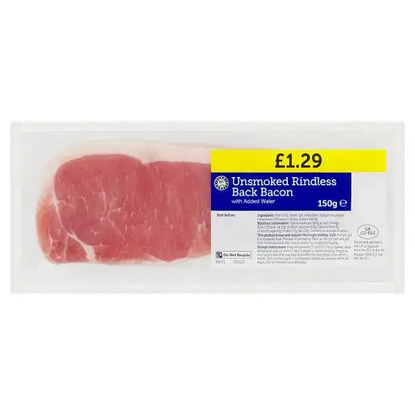 Euro Shopper Unsmoked Rindless Back Bacon with Added Water 150g