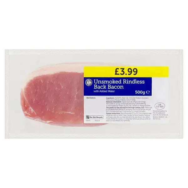 Euro Shopper Unsmoked Rindless Back Bacon with Added Water 500g