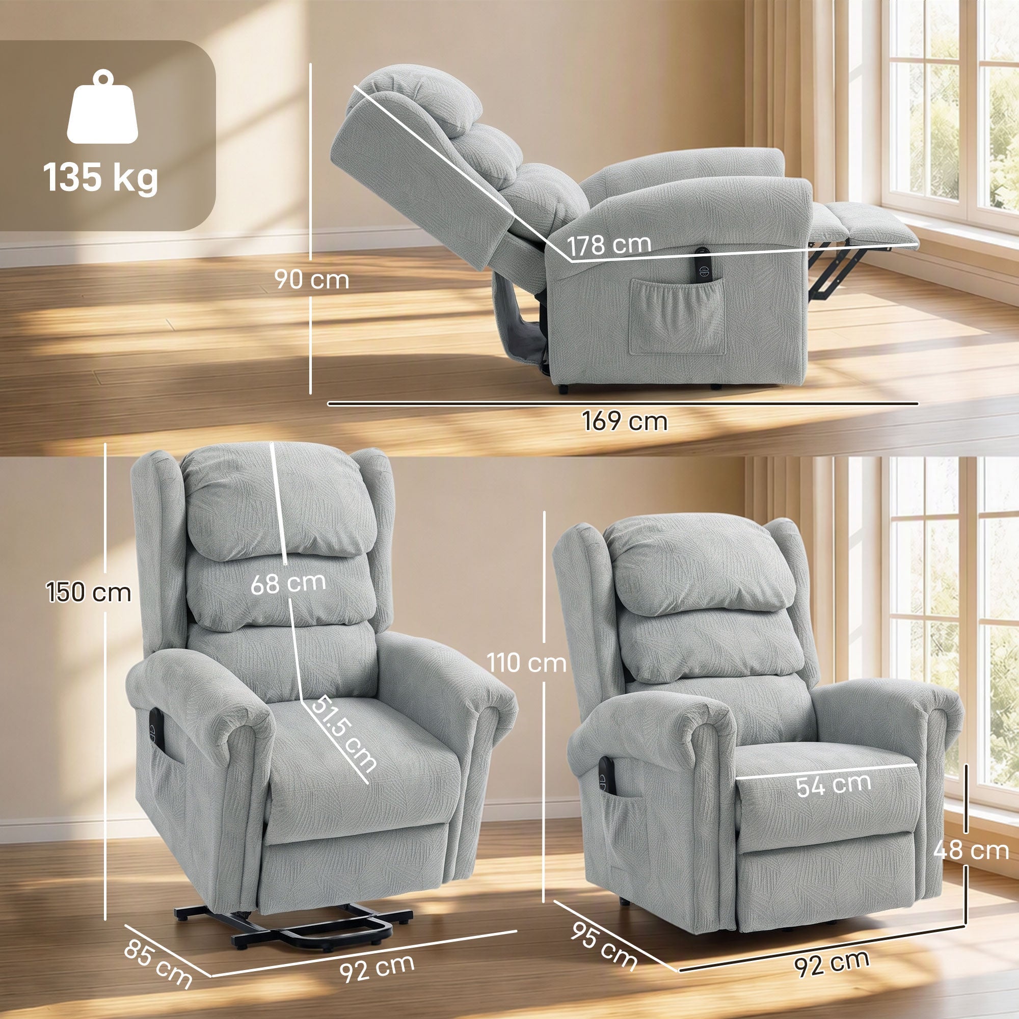 HOMCOM Velvet-Feel Electric Riser Recliner Chair - Grey