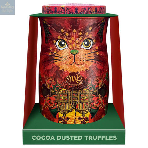Fire Dancer orange cat tin of Angelical orange flavour cocoa dusted truffles - Jag Couture Chocolates