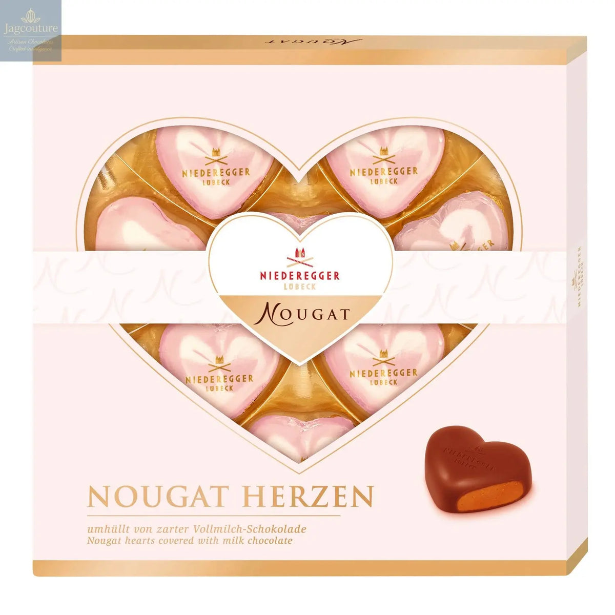 Foiled milk chocolate praline hearts in gift box - Jag Couture Chocolates