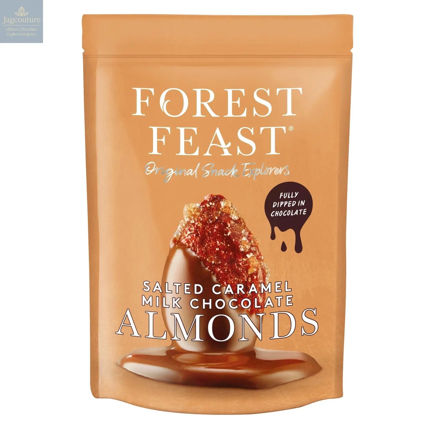 Forest Feast salted caramel milk chocolate covered almonds in pouch Jag Couture Chocolates