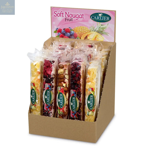 Fruit mix of soft nougat bars in display - tropical fruit, wild berry & strawberry Jag Couture Chocolates