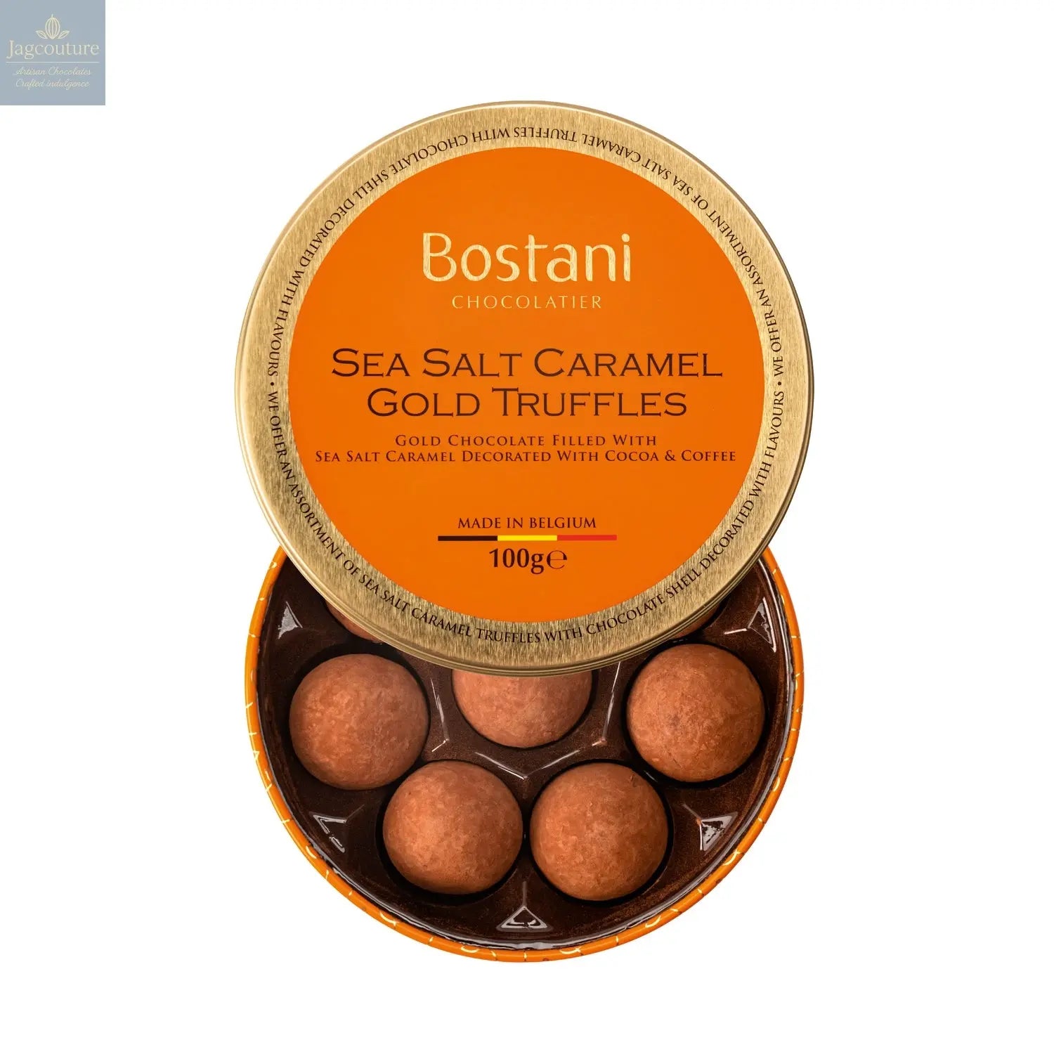 Gift tin of sea salt caramel gold chocolate truffles rolled in cocoa and coffee flavour powder - 11 x 3.6cm - Jag Couture Chocolates