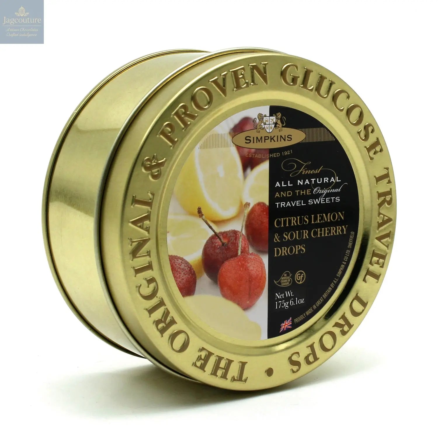 Gold embossed tin of citrus flavour travel sweets Jag Couture Chocolates
