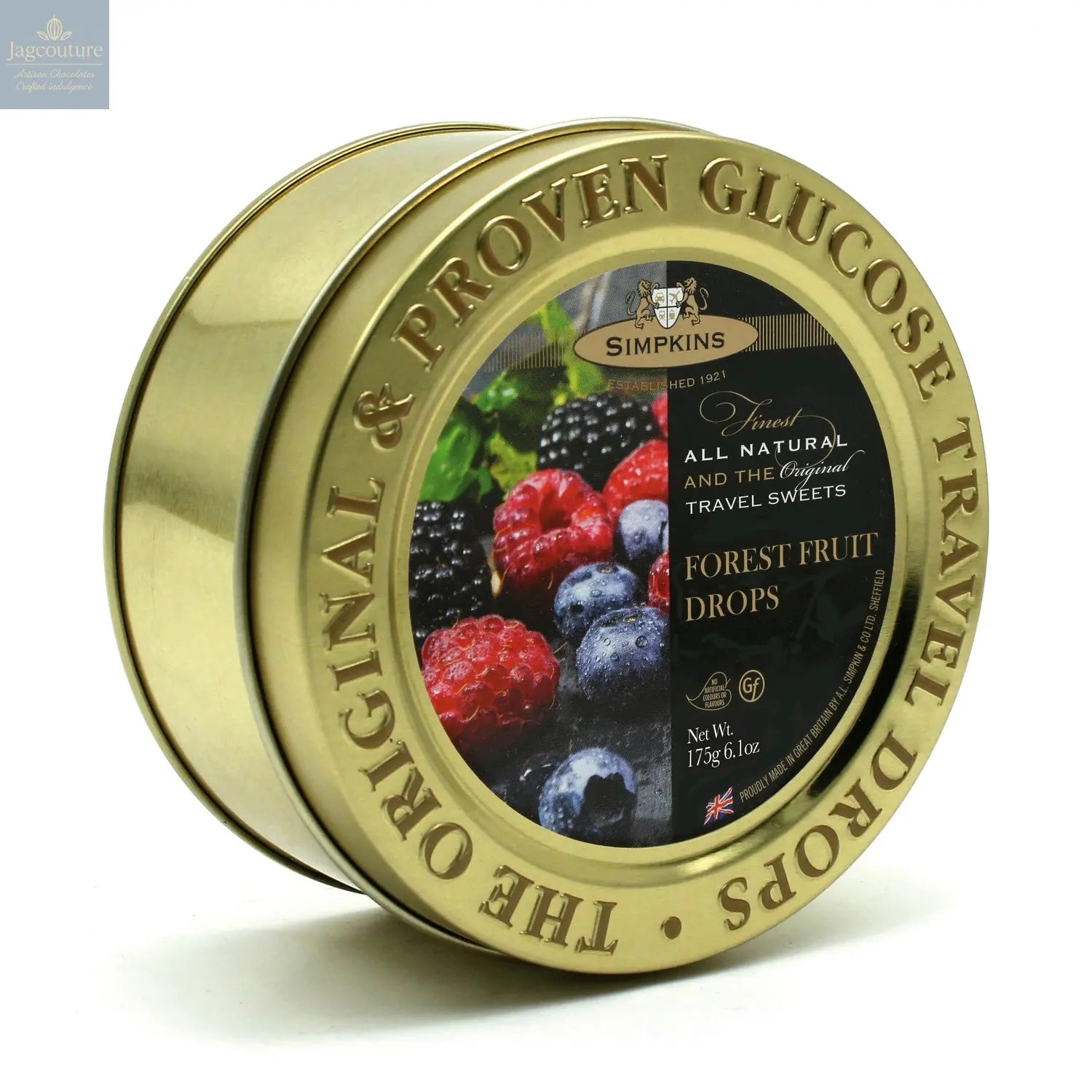Gold embossed tin of forest fruit flavour travel sweets Jag Couture Chocolates