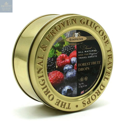 Gold embossed tin of forest fruit flavour travel sweets Jag Couture Chocolates