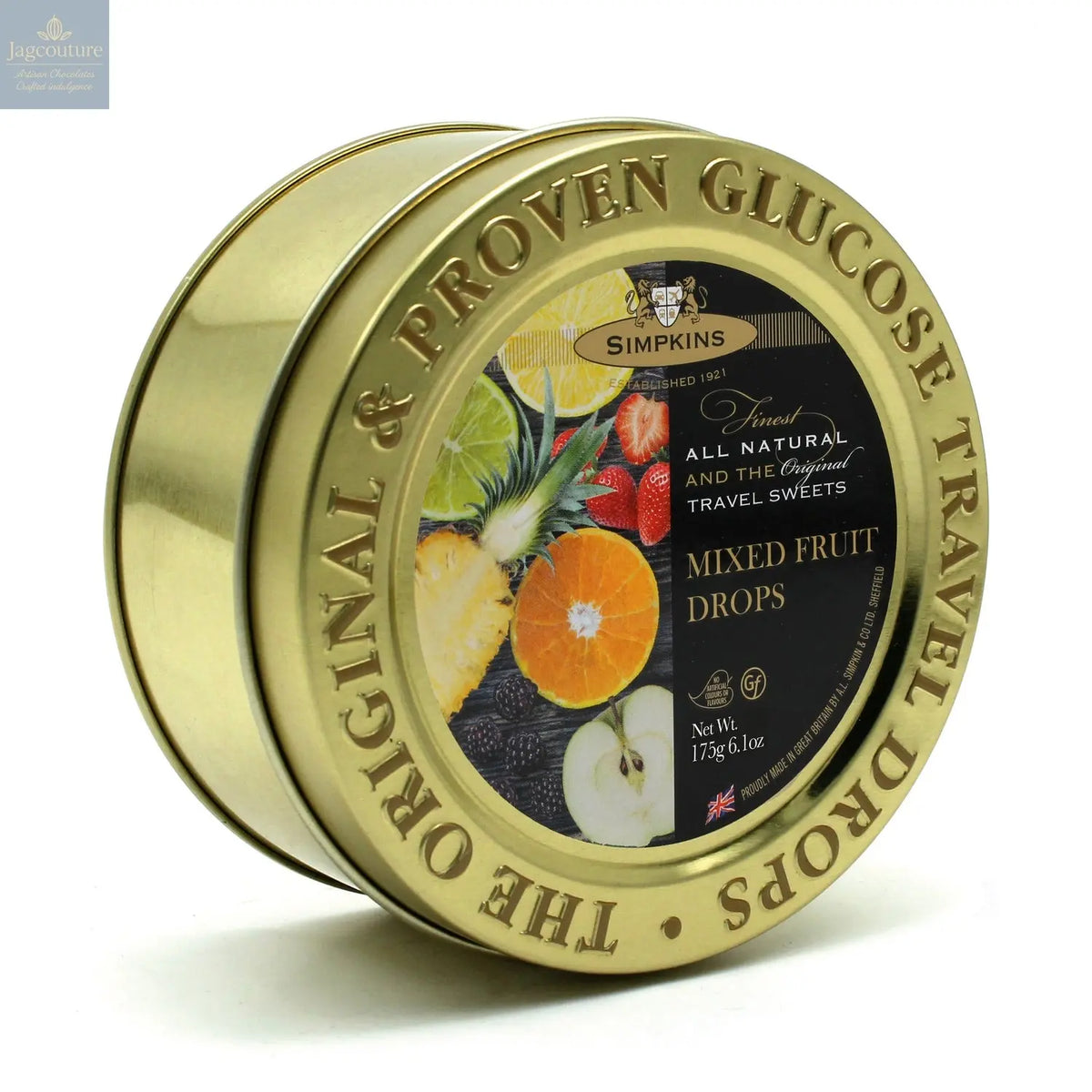 Gold embossed tin of mixed fruit flavour travel sweets Jag Couture Chocolates