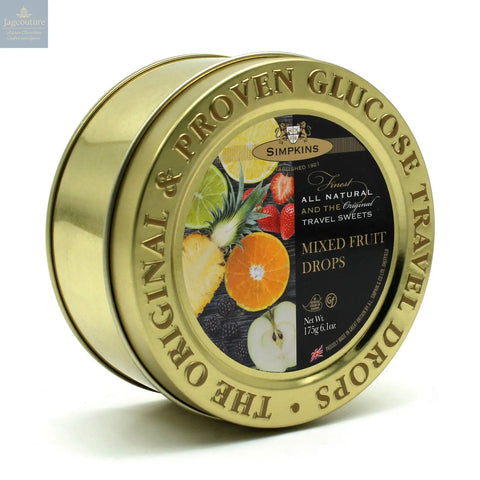 Gold embossed tin of mixed fruit flavour travel sweets Jag Couture Chocolates