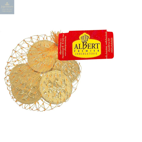 Gold foiled UK milk chocolate coins in net Jag Couture Chocolates