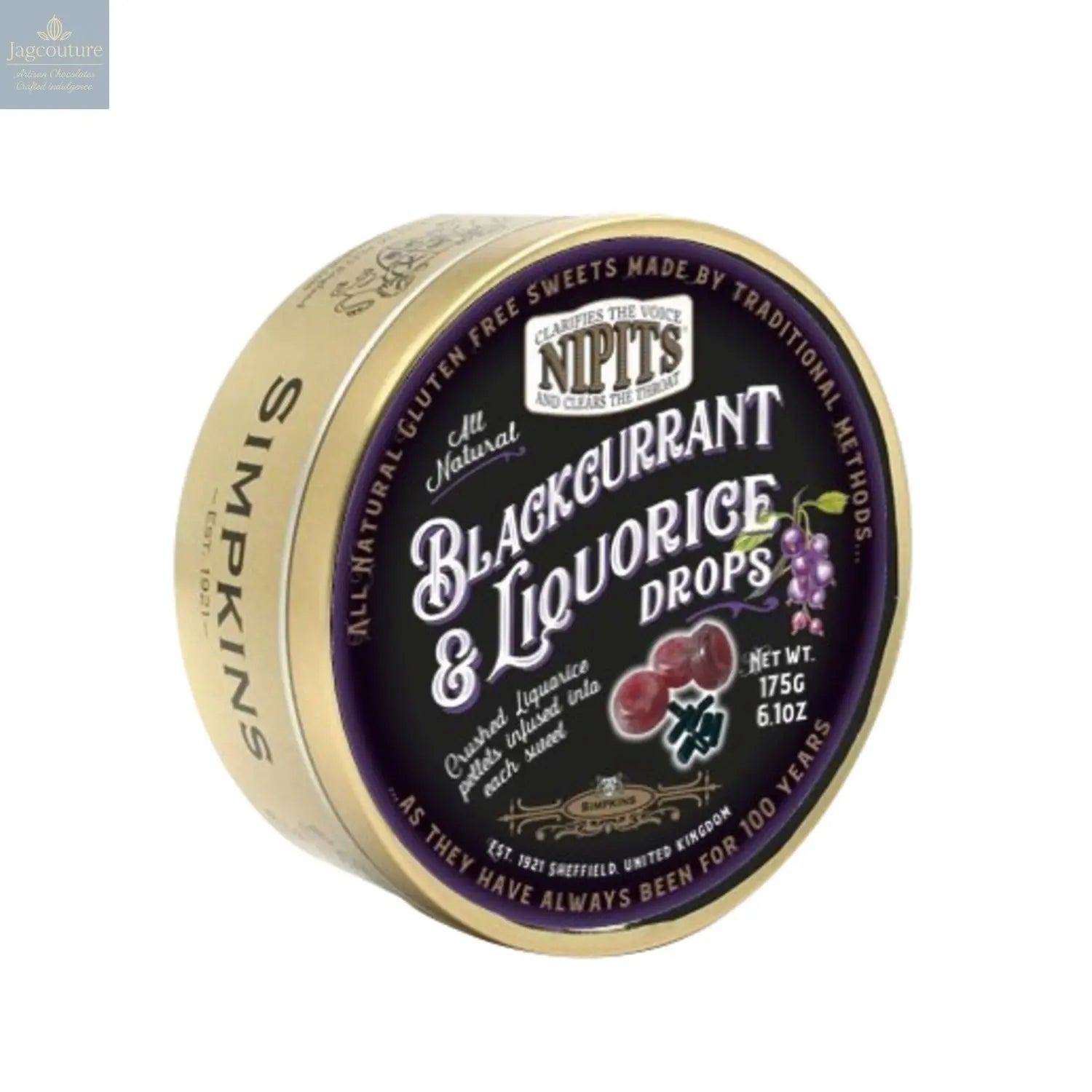 Gold tin of blackcurrant & liquorice flavour Nipit travel sweets Jag Couture Chocolates