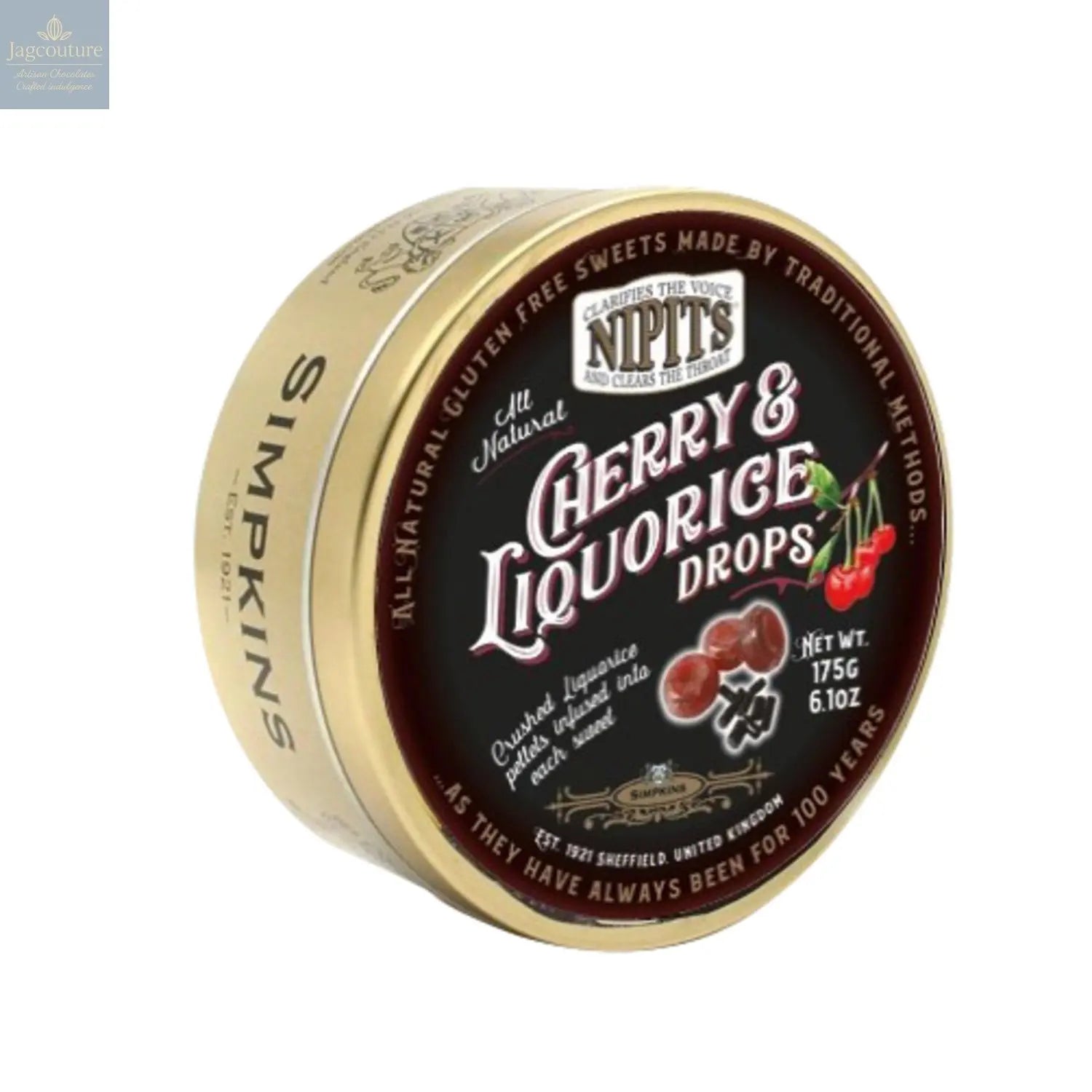 Gold tin of cherry & liquorice flavour Nipit travel sweets Jag Couture Chocolates