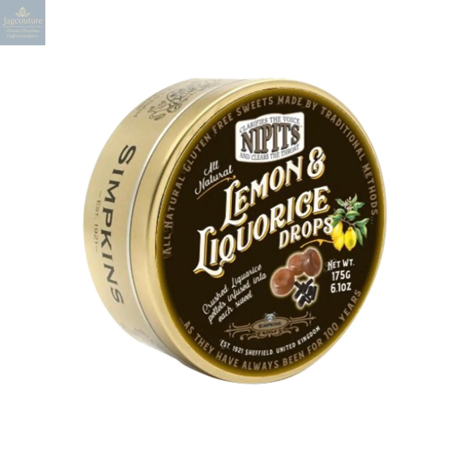Gold tin of lemon & liquorice flavour Nipit travel sweets Jag Couture Chocolates