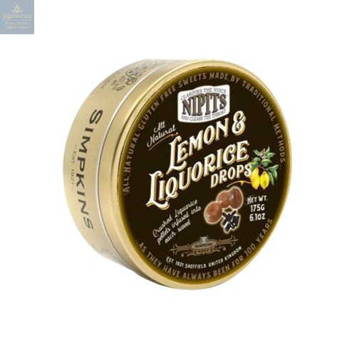 Gold tin of lemon & liquorice flavour Nipit travel sweets Jag Couture Chocolates