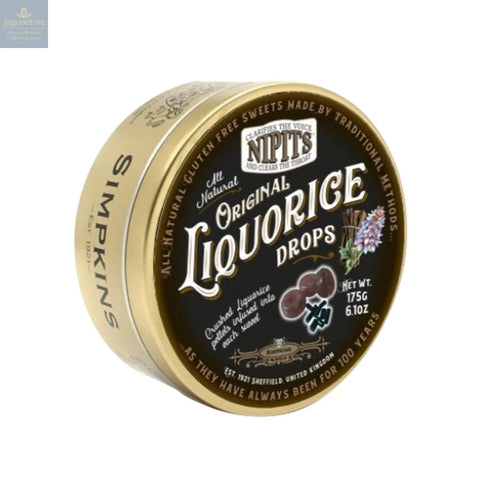 Gold tin of original liquorice flavour Nipit travel sweets Jag Couture Chocolates