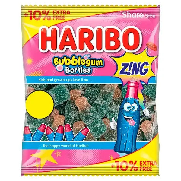 HARIBO Bubblegum Bottles Zing Jelly & Fizzy Sweets Sharing Bag 154g (Case of 12)