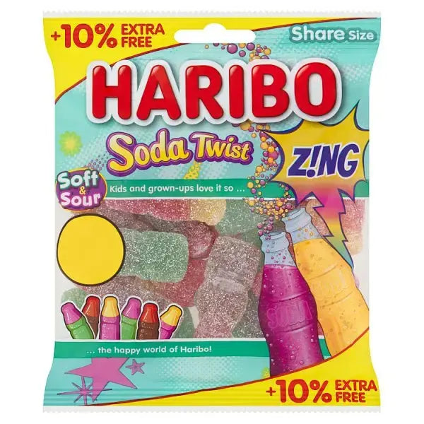 HARIBO Soda Twist Zing Fizzy jelly Sweets Sharing Bag 154g (Case of 12)