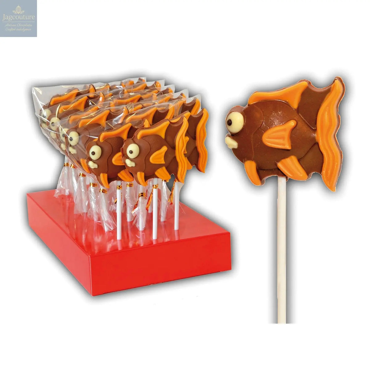 Hand decorated chocolate fish lollipops in display - Jag Couture Chocolates