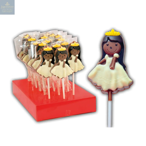 Hand decorated chocolate princess lollipops in display - Jag Couture Chocolates