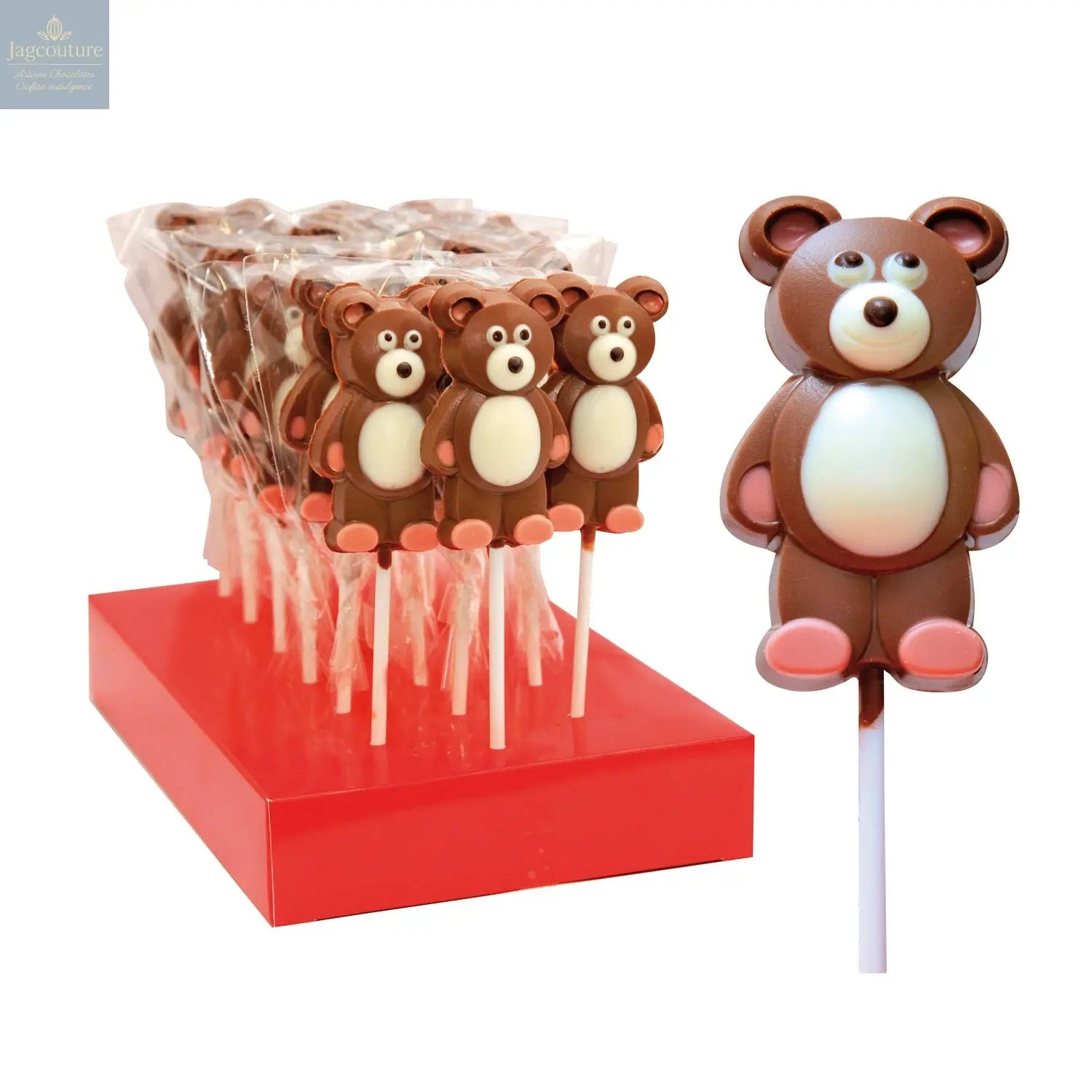 Hand decorated chocolate teddy bear lollipops in display - Jag Couture Chocolates