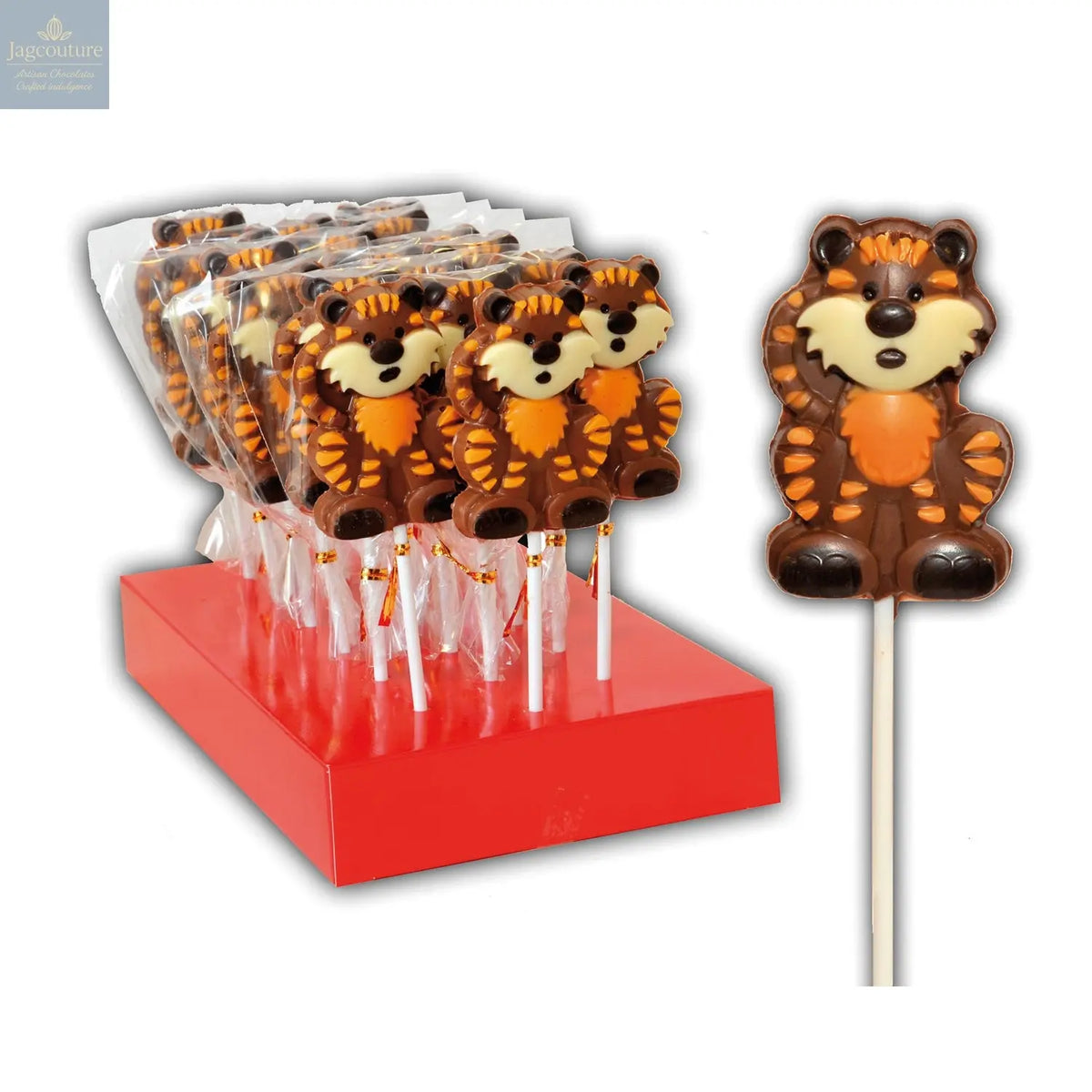 Hand decorated chocolate tiger lollipops in display - Jag Couture Chocolates