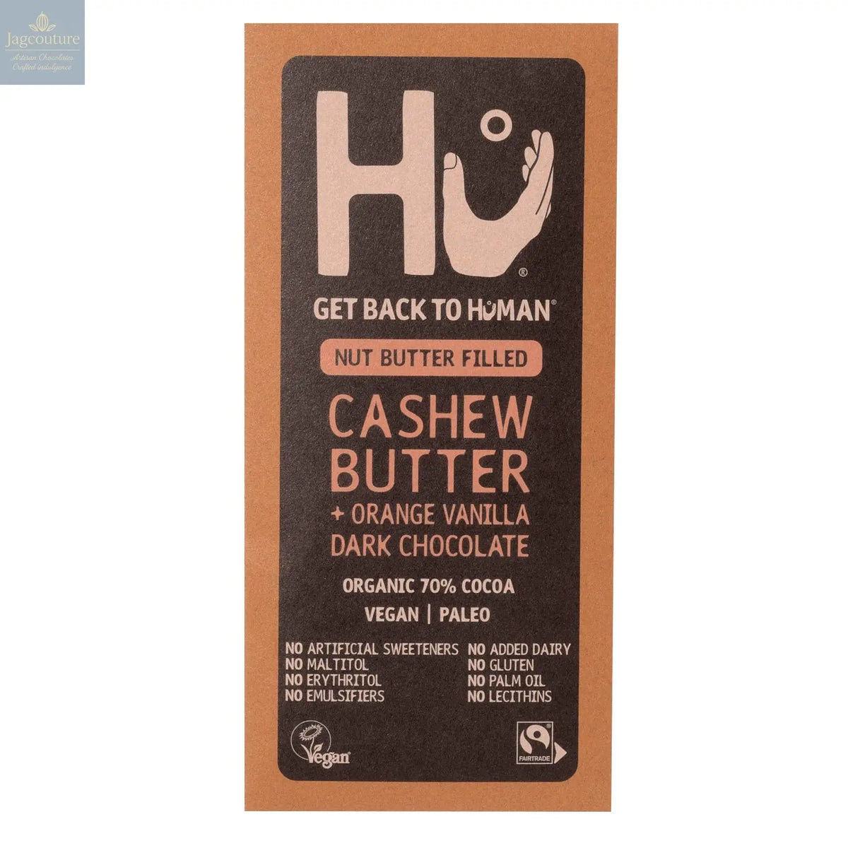 Hu Cashew Butter and Orange Vanilla Dark 70% cocoa chocolate bar Jag Couture Chocolates
