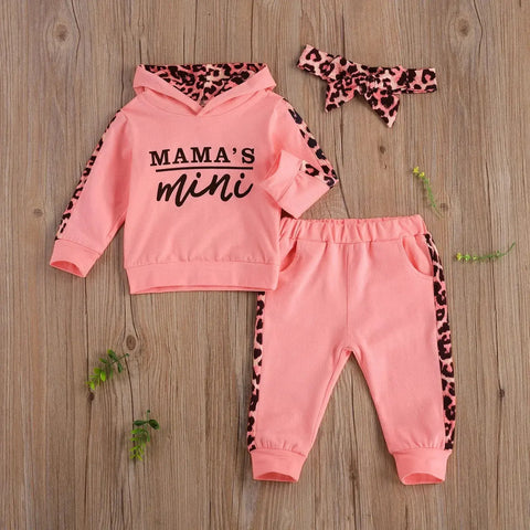 Infant Baby Girl 3-Piece Outfit Set - Hooded T-shirt, Long Pants, and Headband - Letter Print, Leopard Stitching - Spring/Fall Clothes