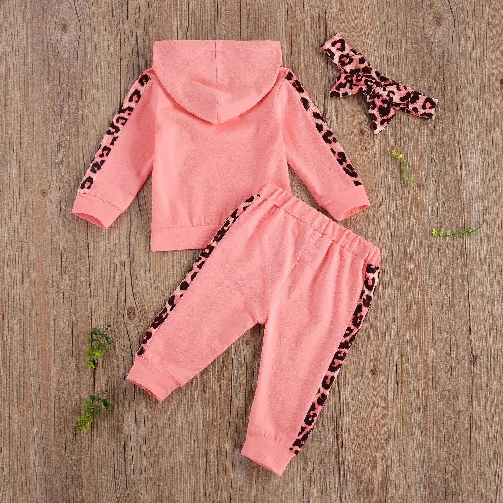 Infant Baby Girl 3-Piece Outfit Set - Hooded T-shirt, Long Pants, and Headband - Letter Print, Leopard Stitching - Spring/Fall Clothes