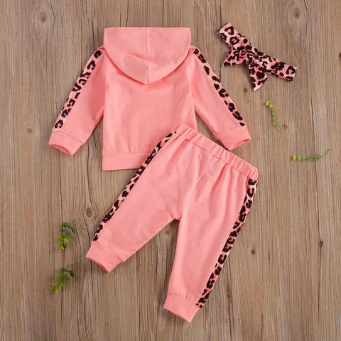 Infant Baby Girl 3-Piece Outfit Set - Hooded T-shirt, Long Pants, and Headband - Letter Print, Leopard Stitching - Spring/Fall Clothes