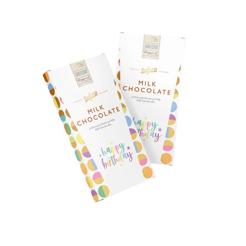 Premium milk chocolate bar in Happy Birthday message carton box