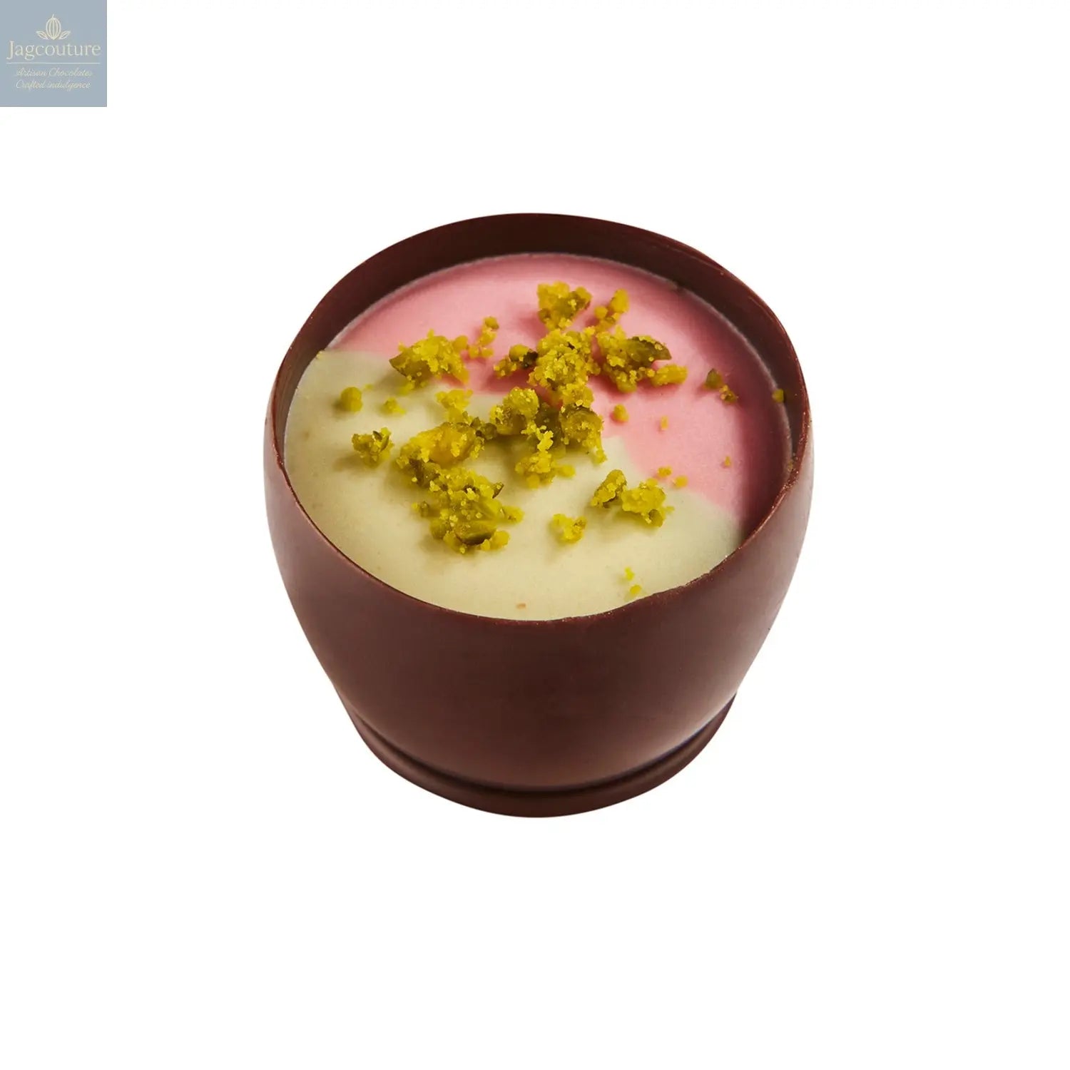 Jane - blackberry ganache with a duo of blackberry and pistachio crème topping 14g - Jag Couture Chocolates