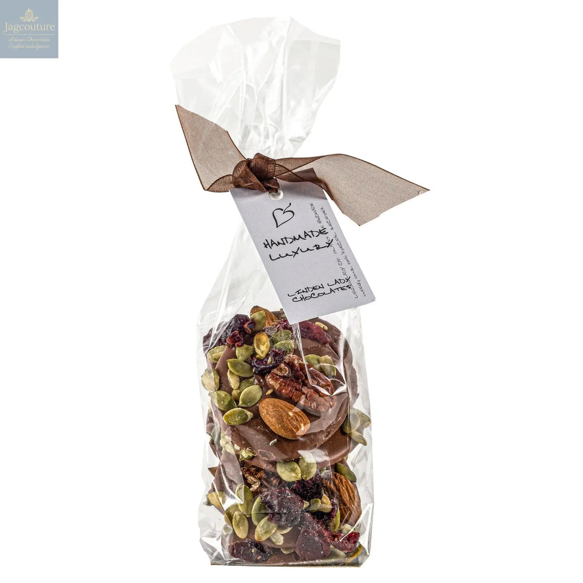 Linden Lady gift bags of milk chocolate mendiants - Jag Couture Chocolates