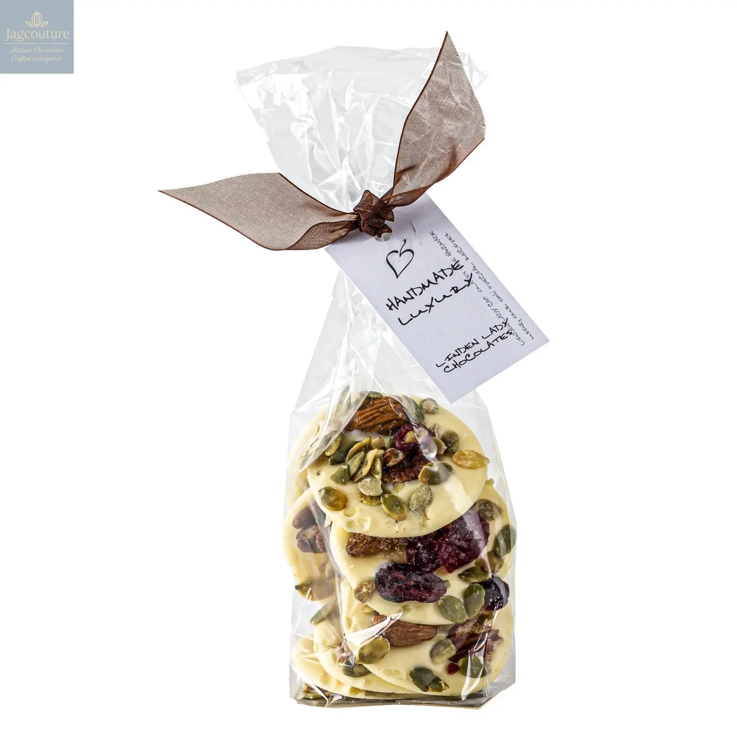 Linden Lady gift bags of white chocolate mendiants - Jag Couture Chocolates