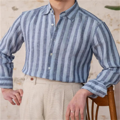 Linen Wide Striped Casual Shirt Italian Style Shirt Versatile