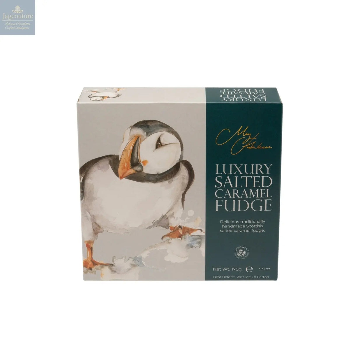 Meg Hawkins Puffin carton of salted caramel fudge Jag Couture Chocolates