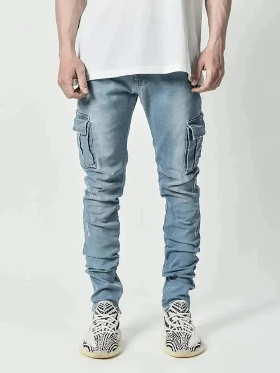 Men's Black Stretch Cargo Jeans – Zipper Pockets, Slim Fit Streetwear